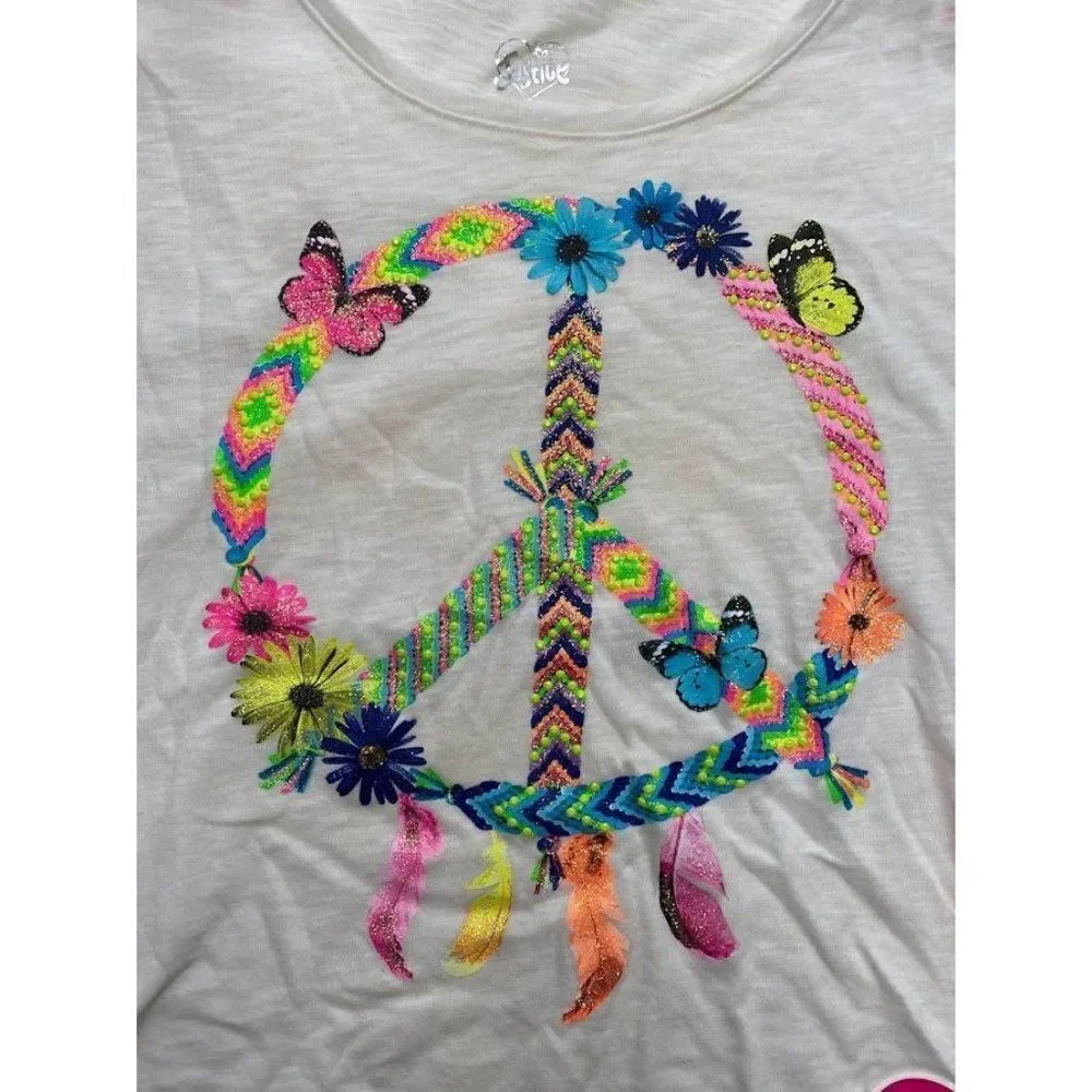 Justice Girls Top White Neon Dream Catcher Peace Butterfly Side Knot Sz‎ 18 NEW